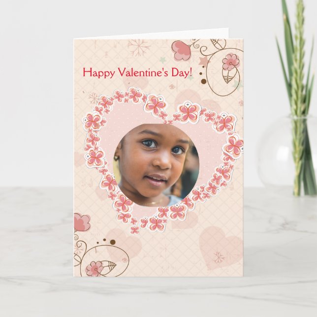 Happy Valentine's Day Pink Floral Heart Photo Holiday Card (Front)