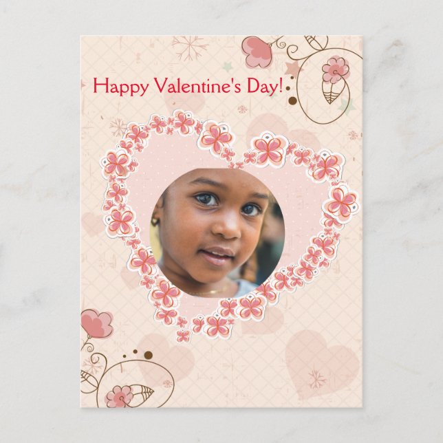 Happy Valentine's Day Pink Floral Heart Photo Holiday Postcard (Front)