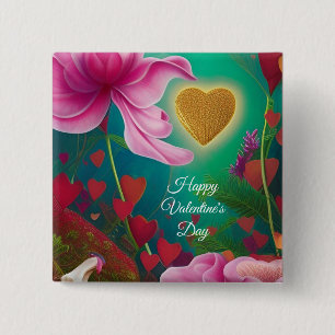 Happy Valentines Day -Pink Flowers and Hearts  15 Cm Square Badge