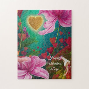 Happy Valentines Day -Pink Flowers and Hearts  Jigsaw Puzzle