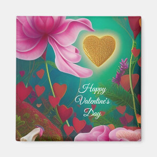 Happy Valentines Day -Pink Flowers and Hearts   Magnet