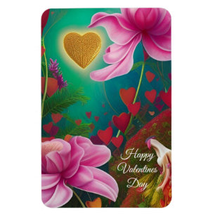 Happy Valentines Day -Pink Flowers and Hearts  Magnet