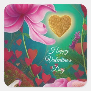 Happy Valentines Day -Pink Flowers and Hearts Square Sticker