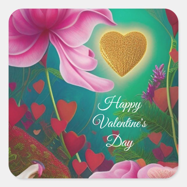 Happy Valentines Day -Pink Flowers and Hearts Square Sticker (Front)