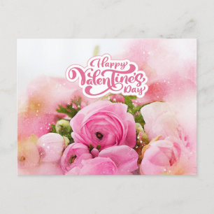 Happy Valentine's Day Pink Flowers  Postcard