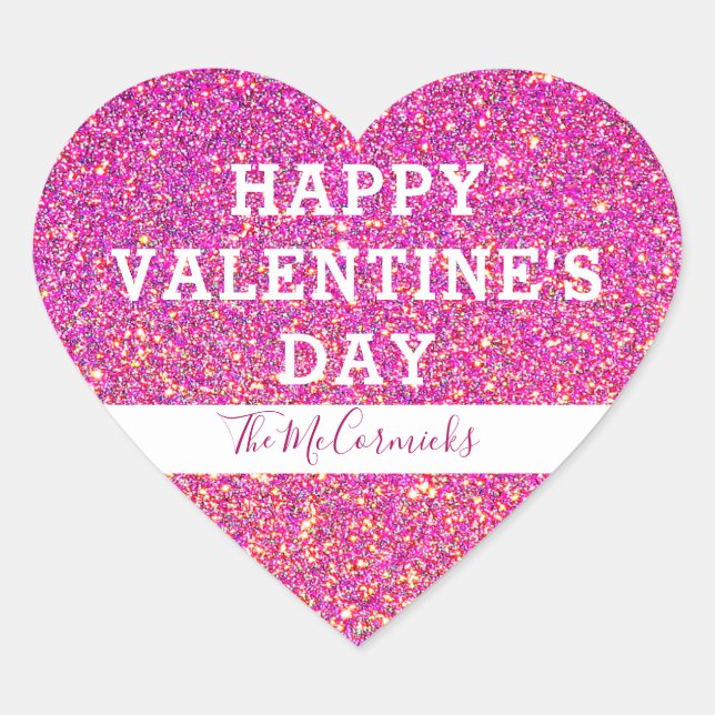 Happy Valentines Day Pink Gold Glitter Heart Sticker (Front)