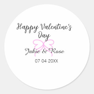 Happy Valentine's day pink heart bow name date sty Classic Round Sticker
