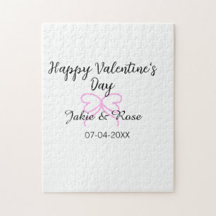 Happy Valentine's day pink heart bow name date sty Jigsaw Puzzle