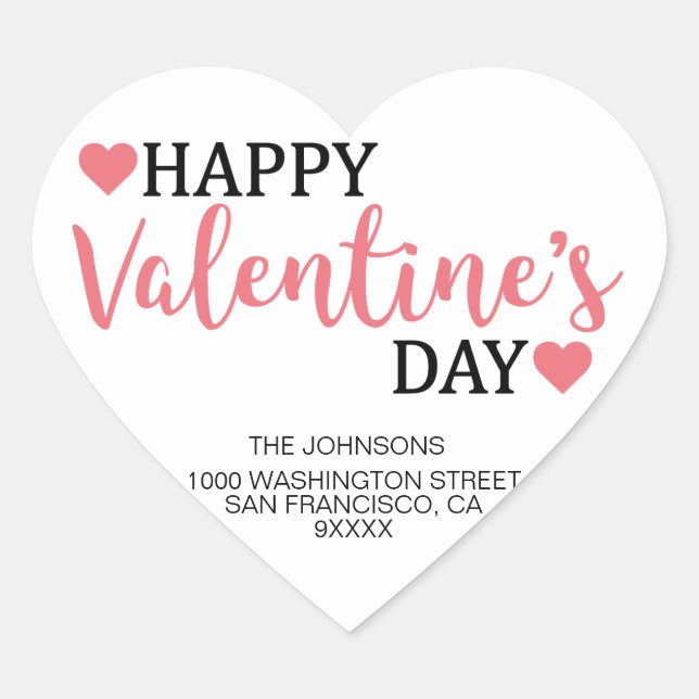 HAPPY VALENTINE's DAY Pink Heart Return Address Heart Sticker (Front)