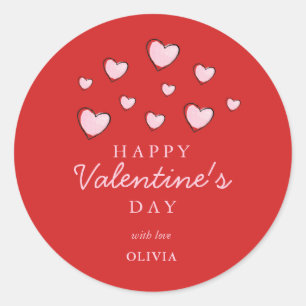 Happy Valentine's Day Pink hearts on Red Classic Round Sticker