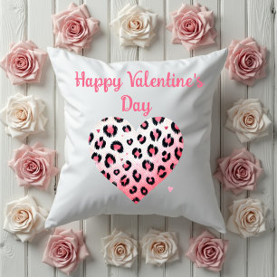 happy valentine's day pink leopard heart cushion
