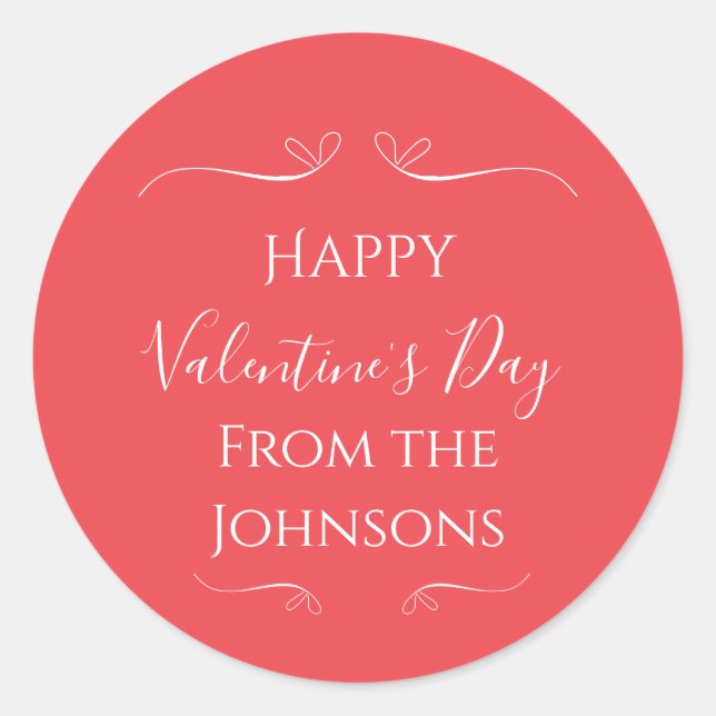 Happy Valentines Day Pink Red From Family Name Classic Round Sticker (Front)