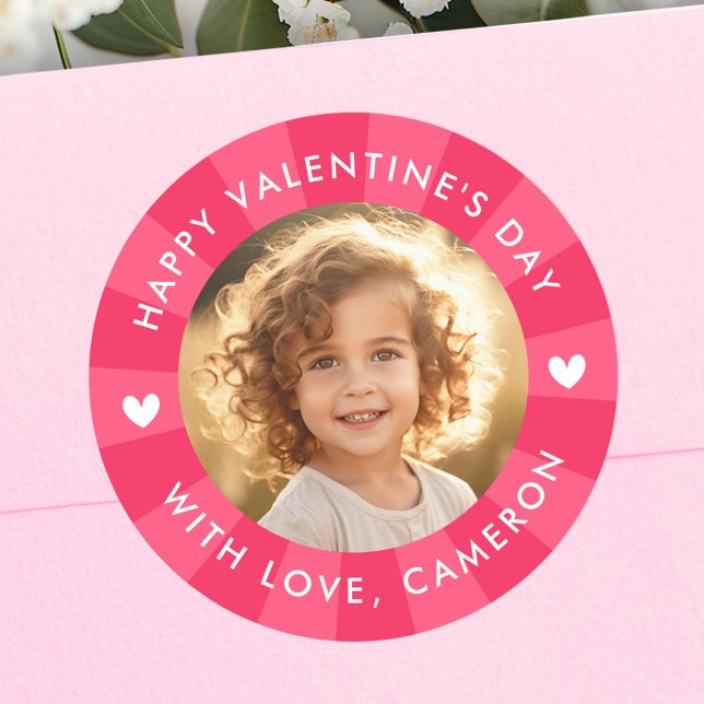 Happy Valentines day pink sunburst photo Classic Round Sticker (Happy Valentines day pink sunburst photo Classic Round Sticker)