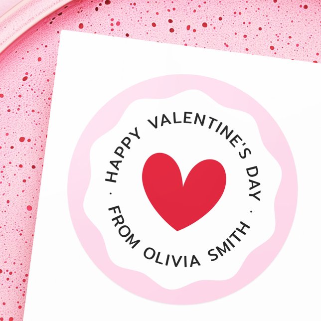 Happy Valentines day pink wavy border red heart Classic Round Sticker (Happy Valentines day pink wavy border red heart Classic Round Sticker)