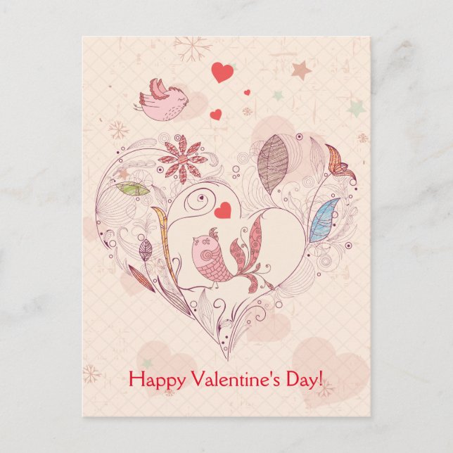 Happy Valentine's Day Pink Whimsical Flowers Birds Holiday Postcard (Front)