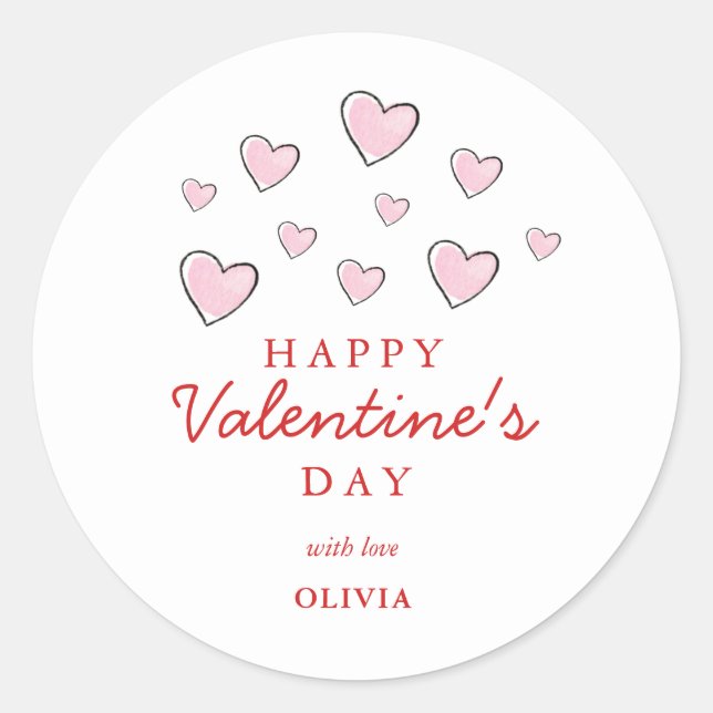 Happy Valentine's Day Pink & White Hearts Classic Round Sticker (Front)