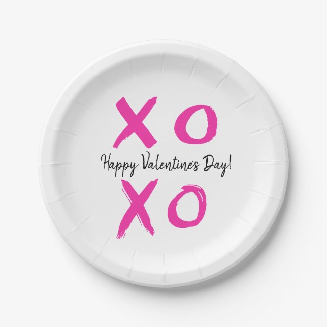 Happy Valentine's Day Pink white XOXO Paper Plate (Front)