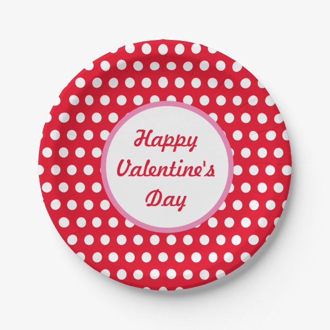 Happy Valentine's Day Polka Dot Paper Plates (Red) (Front)