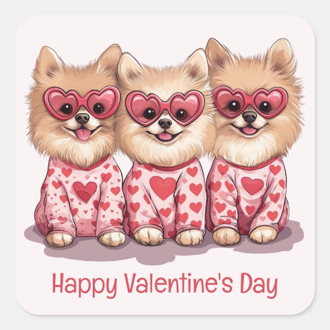 Happy Valentines Day Pomeranian Dogs Square Sticker (Front)