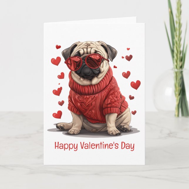Happy Valentines Day Pug Dog Holiday Card (Front)