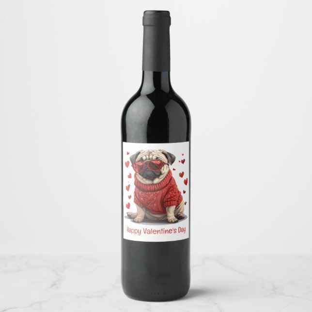 Happy Valentines Day Pug Dog Wine Label (Front)