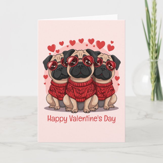 Happy Valentines Day Pug Dogs Holiday Card (Front)
