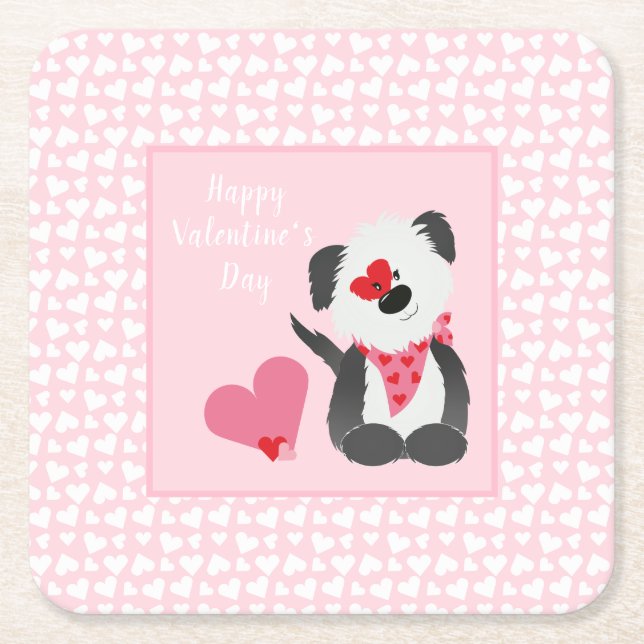 Happy Valentines Day Puppy Hearts Pink Square Paper Coaster (Front)