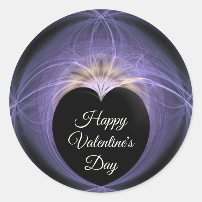 Happy Valentine's Day Purple Gold Heart Fractal  Classic Round Sticker (Front)