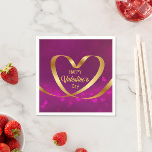 Happy Valentine's Day Purple Gold Heart Ribbon Napkin