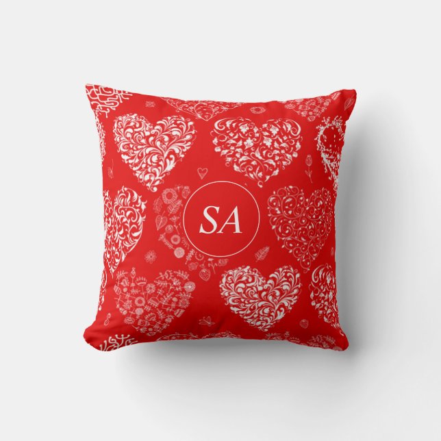 Happy Valentine's Day Red and White Hearts Cushion (Front)