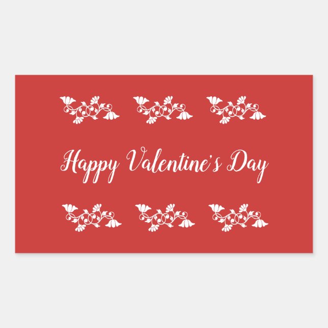 Happy Valentine's Day Red and White  Script Floral Rectangular Sticker (Front)