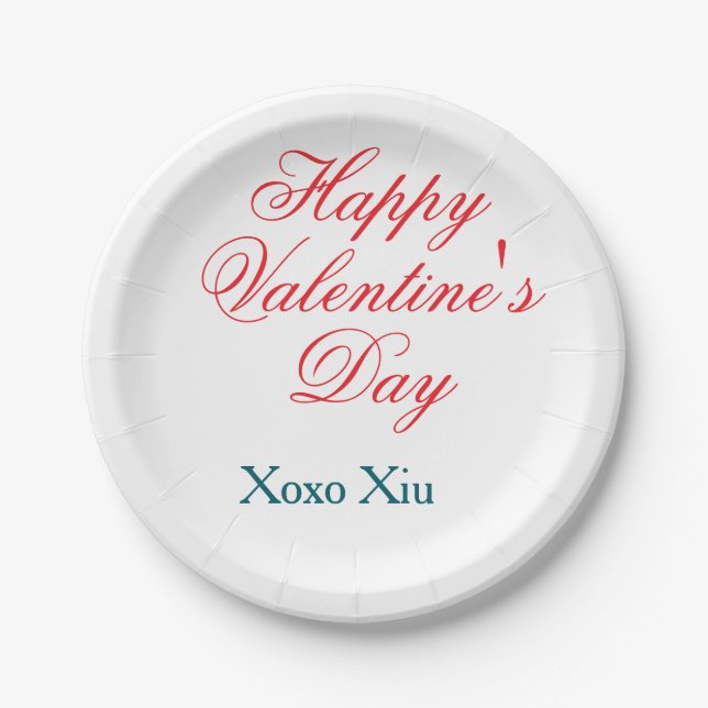 Happy Valentine's day red blue xoxo love name  Paper Plate (Front)