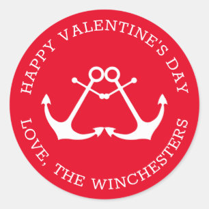 Happy Valentine's Day red custom nautical anchors Classic Round Sticker