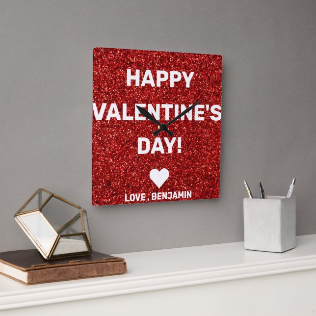 Happy Valentine's Day Red Glitter Custom Name  Square Wall Clock (Office)