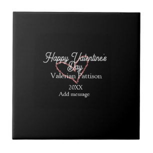 Happy Valentine's day red glitter heart black name Tile