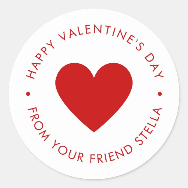Happy Valentine's Day Red Heart Kid's Cute Custom Classic Round Sticker (Front)