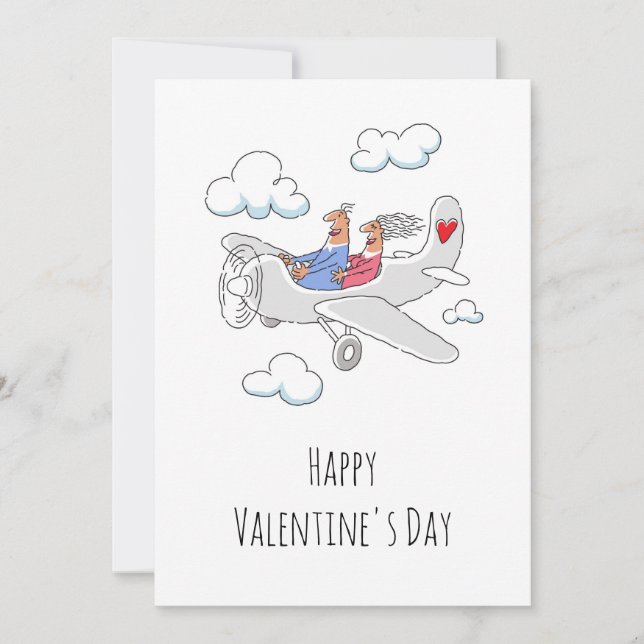 Happy Valentine's Day Red Heart Lovers Airplane Holiday Card (Front)