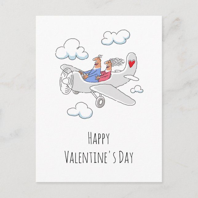 Happy Valentine's Day Red Heart Lovers Airplane Holiday Postcard (Front)