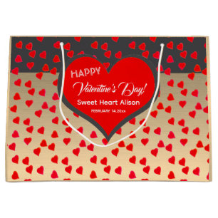 Happy Valentine's Day Red Heart Pattern Gold Black Large Gift Bag