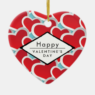happy Valentine's Day Red Hearts Ceramic Tree Decoration