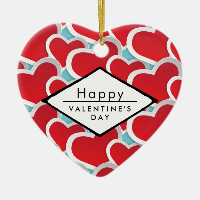 happy Valentine's Day Red Hearts Ceramic Tree Decoration (Front)