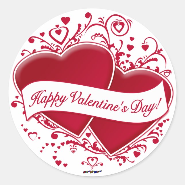 Happy Valentine's Day! Red Hearts Classic Round Sticker (Front)