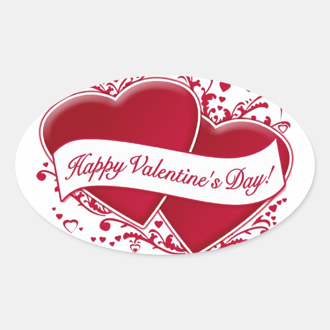 Happy Valentine's Day! Red Hearts Oval Sticker (Front)