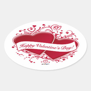 Happy Valentine's Day! Red Hearts Oval Sticker
