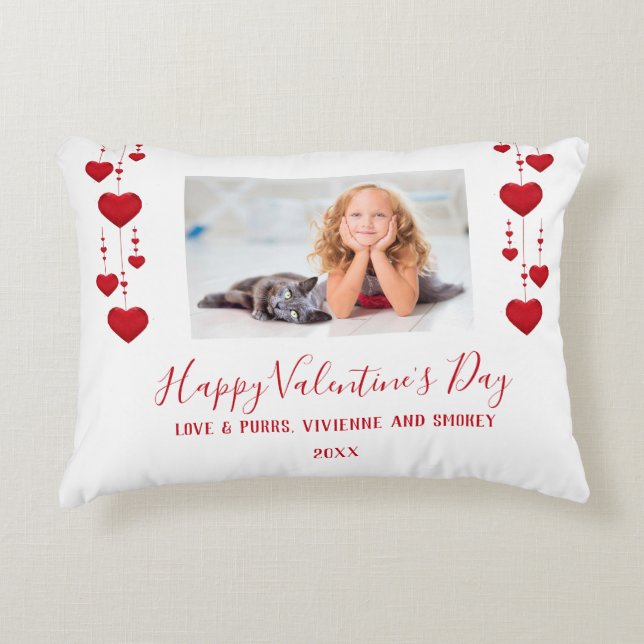 Happy Valentine's Day Red Hearts Photo Personalise Decorative Cushion (Front)