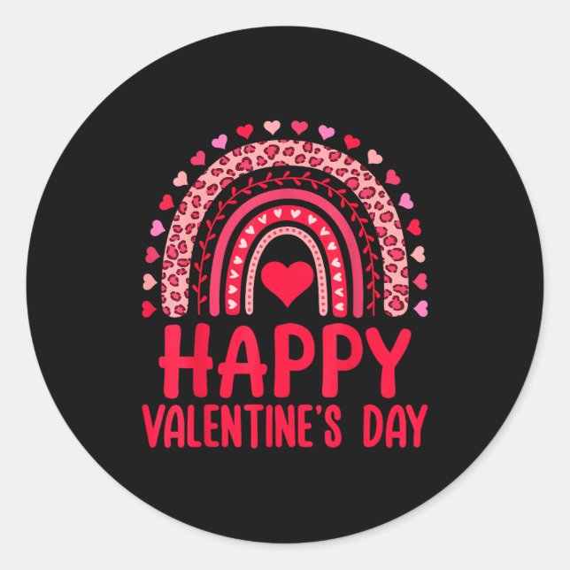Happy Valentines Day Red Hearts Rainbow Leopard Wo Classic Round Sticker (Front)
