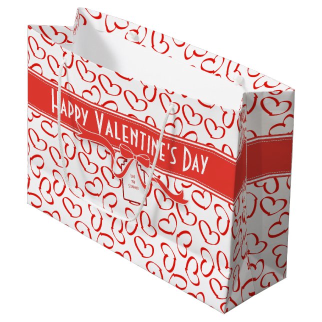 Happy Valentine's Day Red Open Hearts Pattern Large Gift Bag (Front Angled)