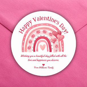 happy valentines day,red pink boho rainbow  classic round sticker