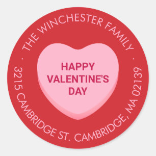 Happy Valentine's Day red pink candy heart address Classic Round Sticker