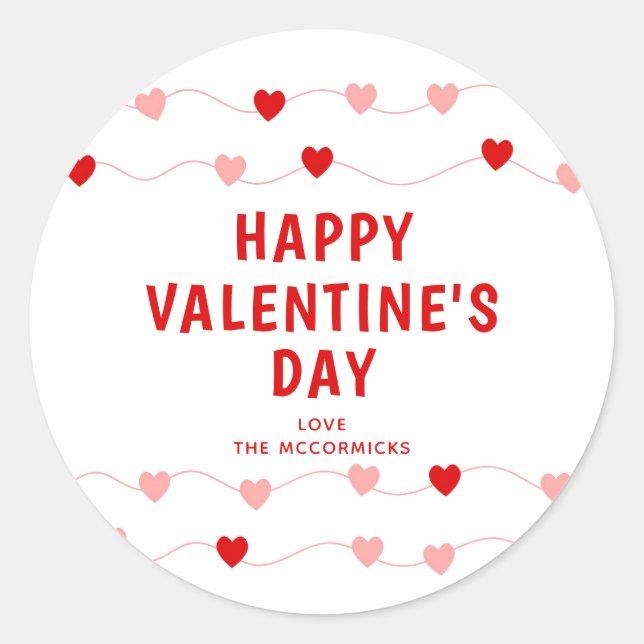 Happy Valentine's Day Red Pink Hearts Personalised Classic Round Sticker (Front)
